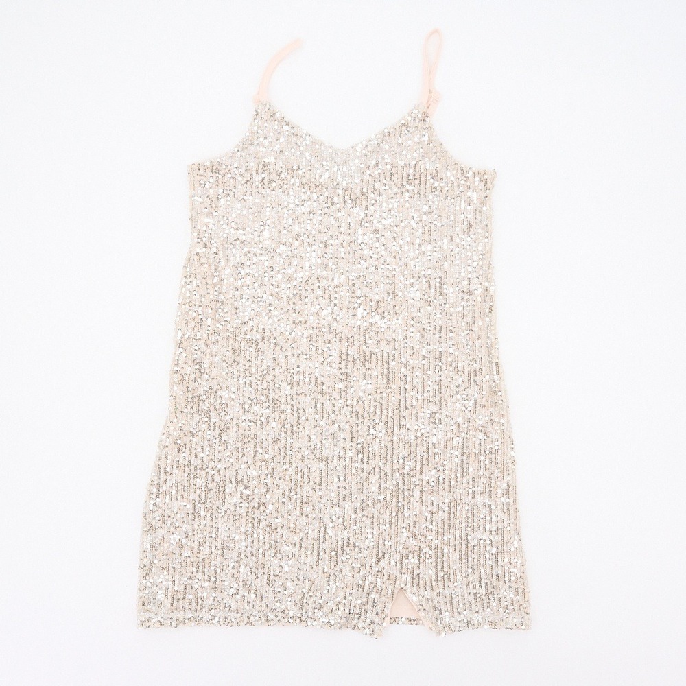 Art Class Champagne Gold Girls' Sequin Slip Dress Adjustable Straps Front Slit